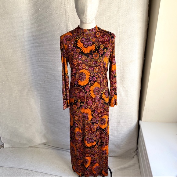 Vintage 60s 70s M Psychedelic Print Maxi Dress - Picture 9 of 12
